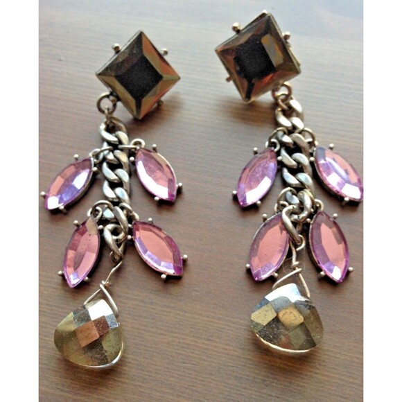 Purple Dangle Earrings Rhinestone Drop Chain Link Metal Pierced Party Going Out - Picture 2 of 3